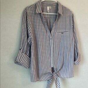 Kut from the Kloth Button Up Tab Sleeve Front Tie Purple Gingham Shirt Size XXL